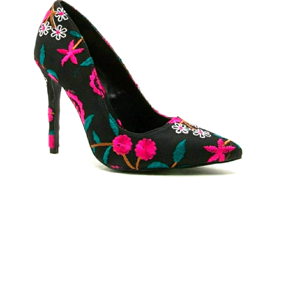 Black and Fuschia Embroidered Pumps